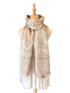 Noori Couture handwoven coffee-coloured pure mulberry silk shawl with intricate paisley patterns and fringe detail.