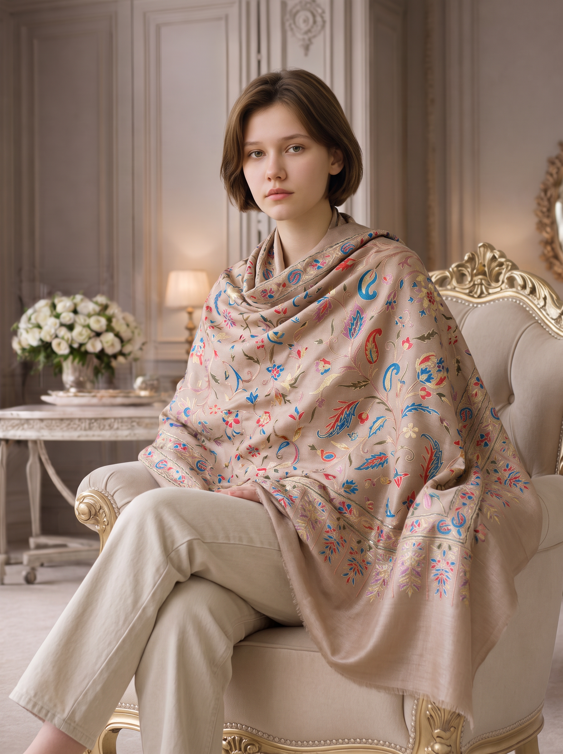 Woman wearing a Noori Couture cream wool shawl with intricate multi-colored silk floral and paisley embroidery