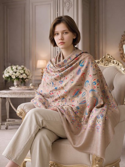 Woman wearing a Noori Couture cream wool shawl with intricate multi-colored silk floral and paisley embroidery