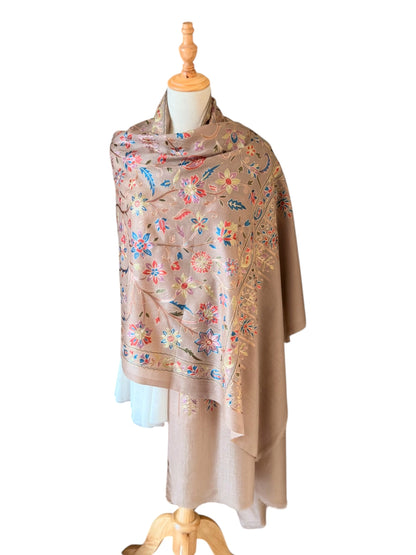 Noori Couture cream handwoven Nalki Jamawar wool shawl with intricate multi-colored silk floral and paisley embroidery