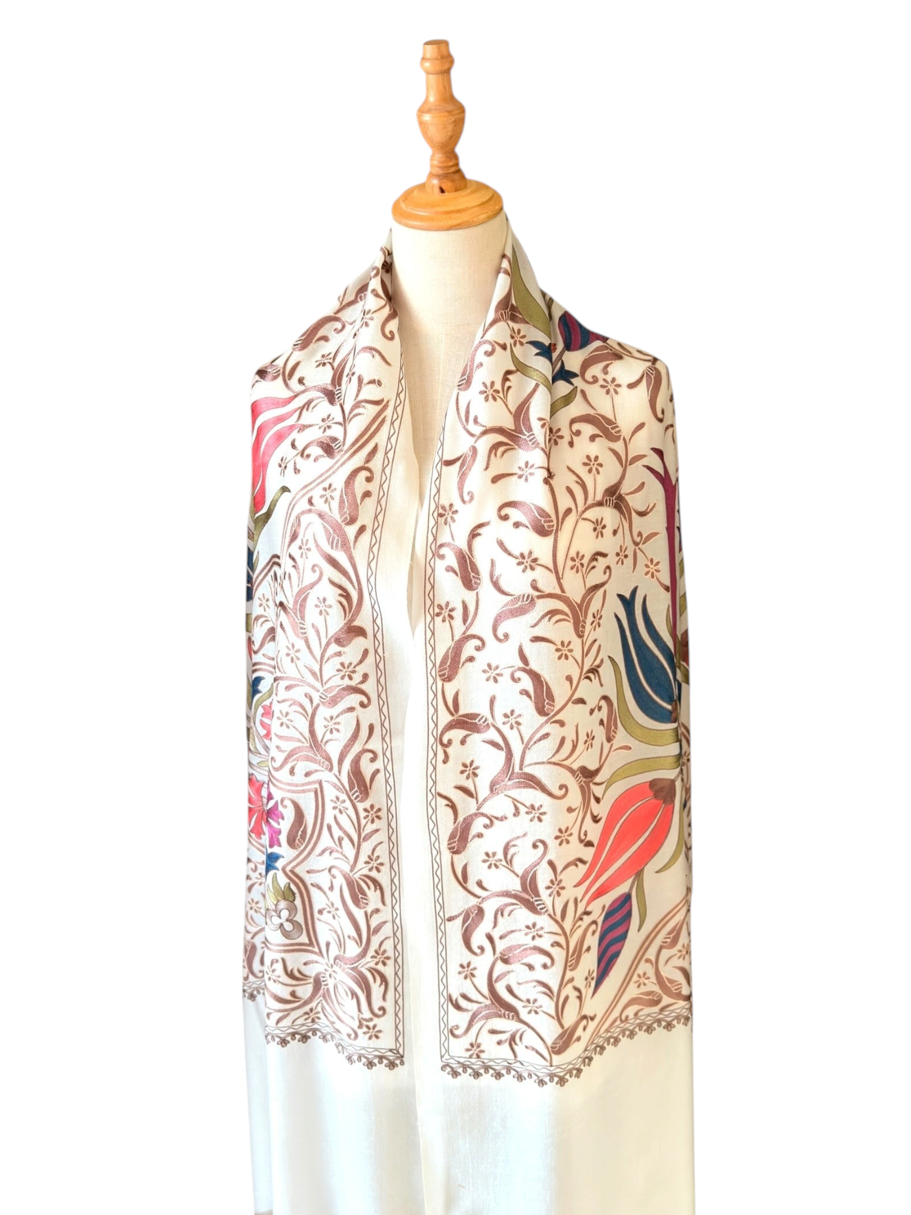 Noori Couture cream handwoven Nalki Jamawar shawl featuring intricate floral silk embroidery on fine wool fabric.