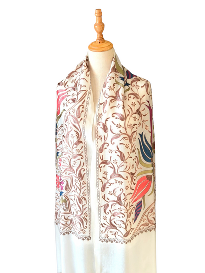 Noori Couture cream handwoven Nalki Jamawar shawl featuring intricate floral silk embroidery on fine wool fabric.