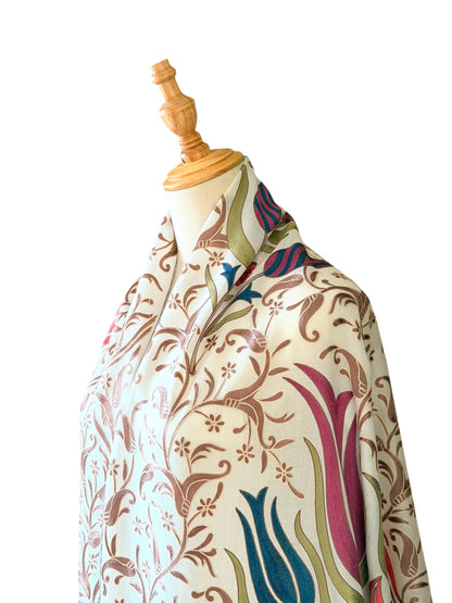 Noori Couture cream handwoven Nalki Jamawar shawl featuring intricate multi-colored silk embroidery on fine wool.