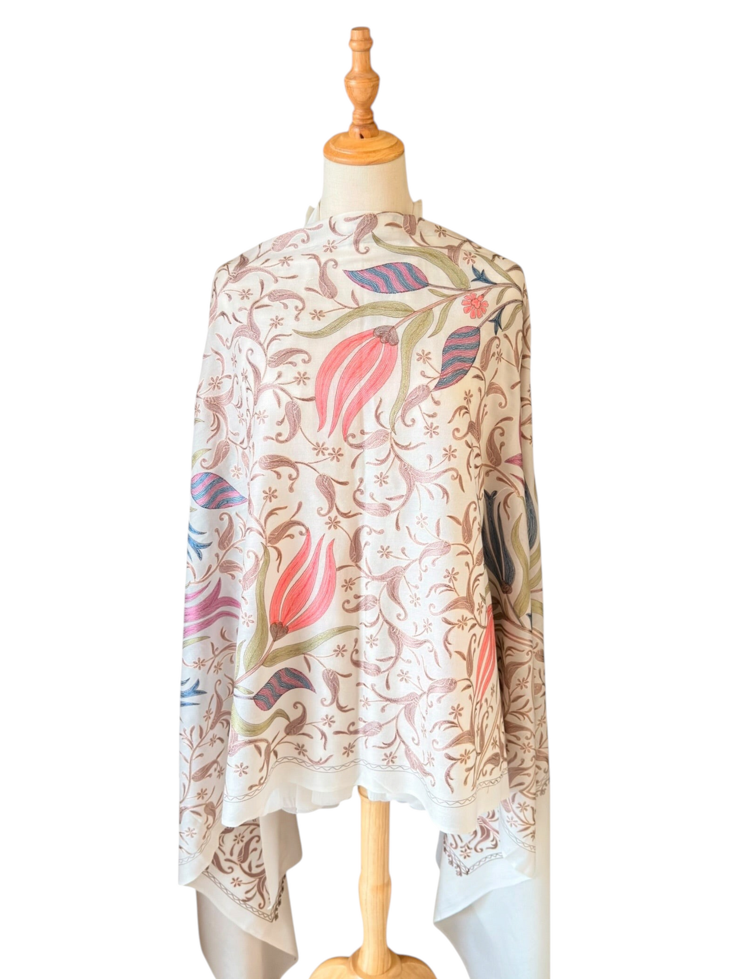 Noori Couture cream handwoven Nalki Jamawar shawl featuring intricate floral silk embroidery on fine wool fabric.