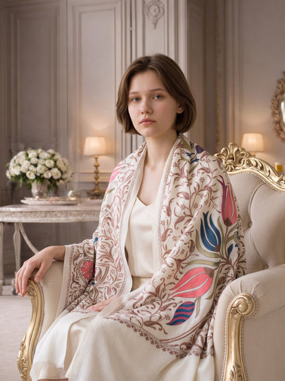 Noori Couture cream handwoven Nalki Jamawar shawl with floral silk embroidery draped over a woman in a classic chair