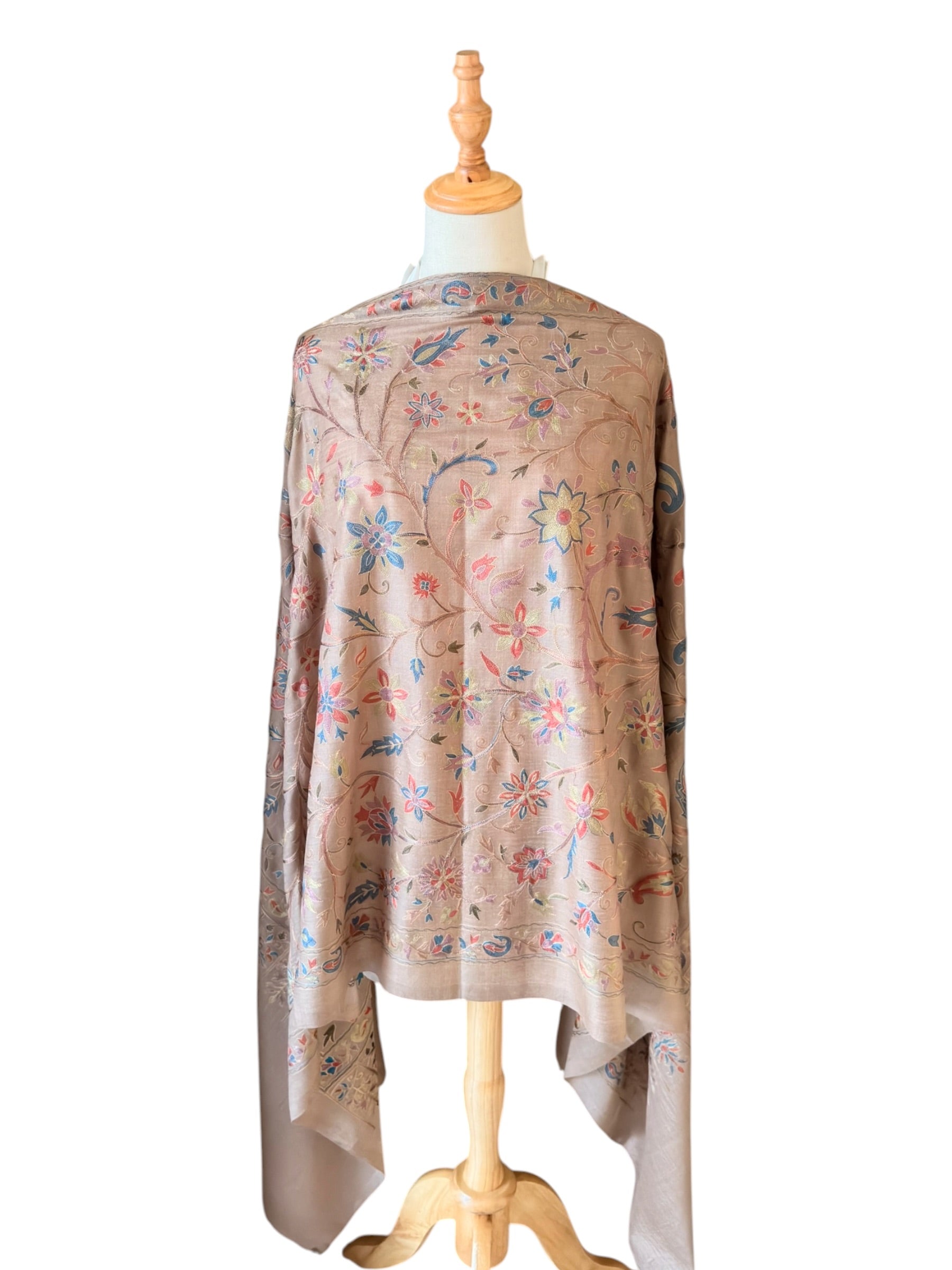 Noori Couture cream wool shawl featuring intricate multi-colored silk floral and paisley hand embroidery