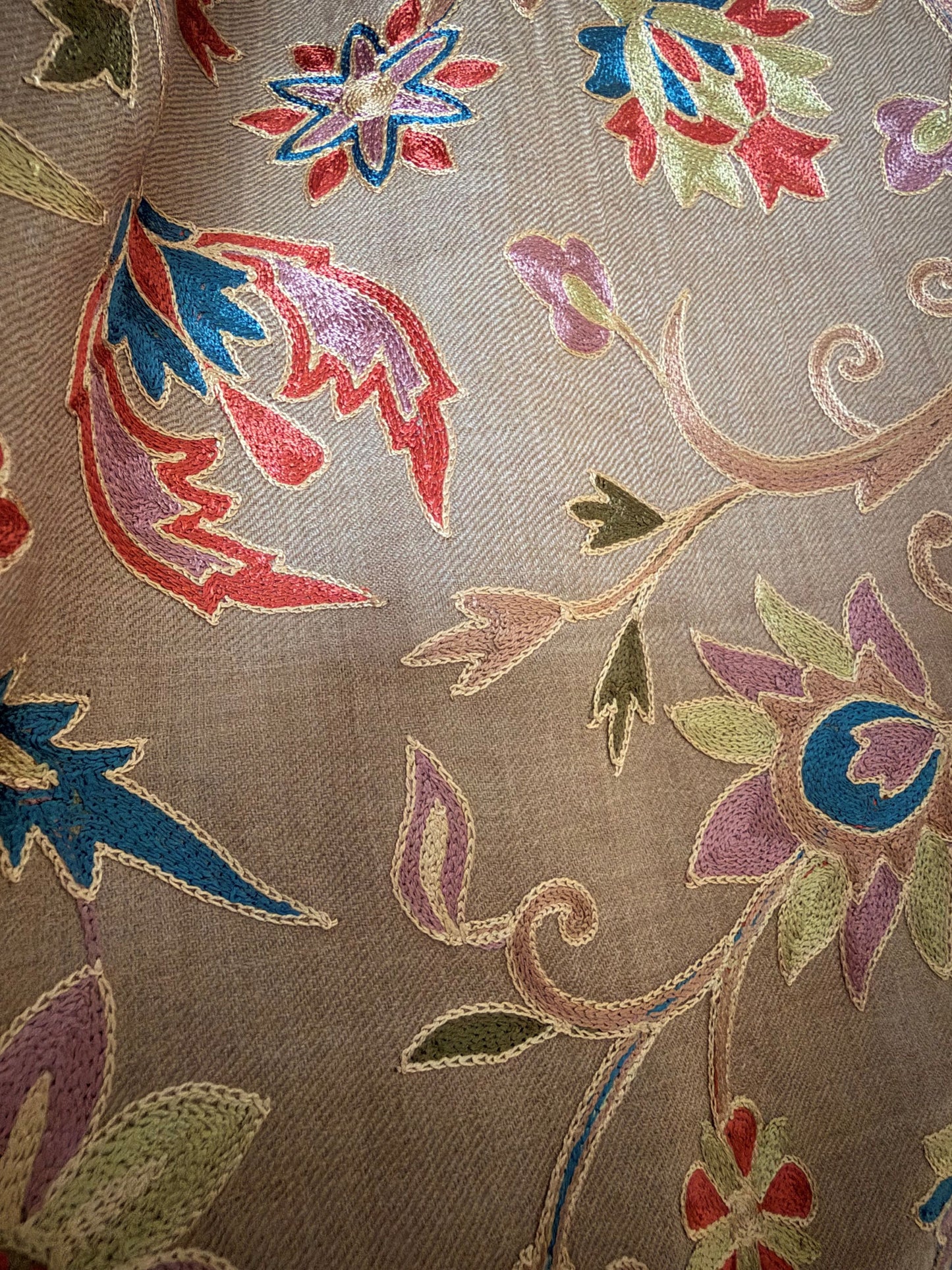 Noori Couture cream wool shawl featuring intricate multi-colored silk floral and paisley hand embroidery