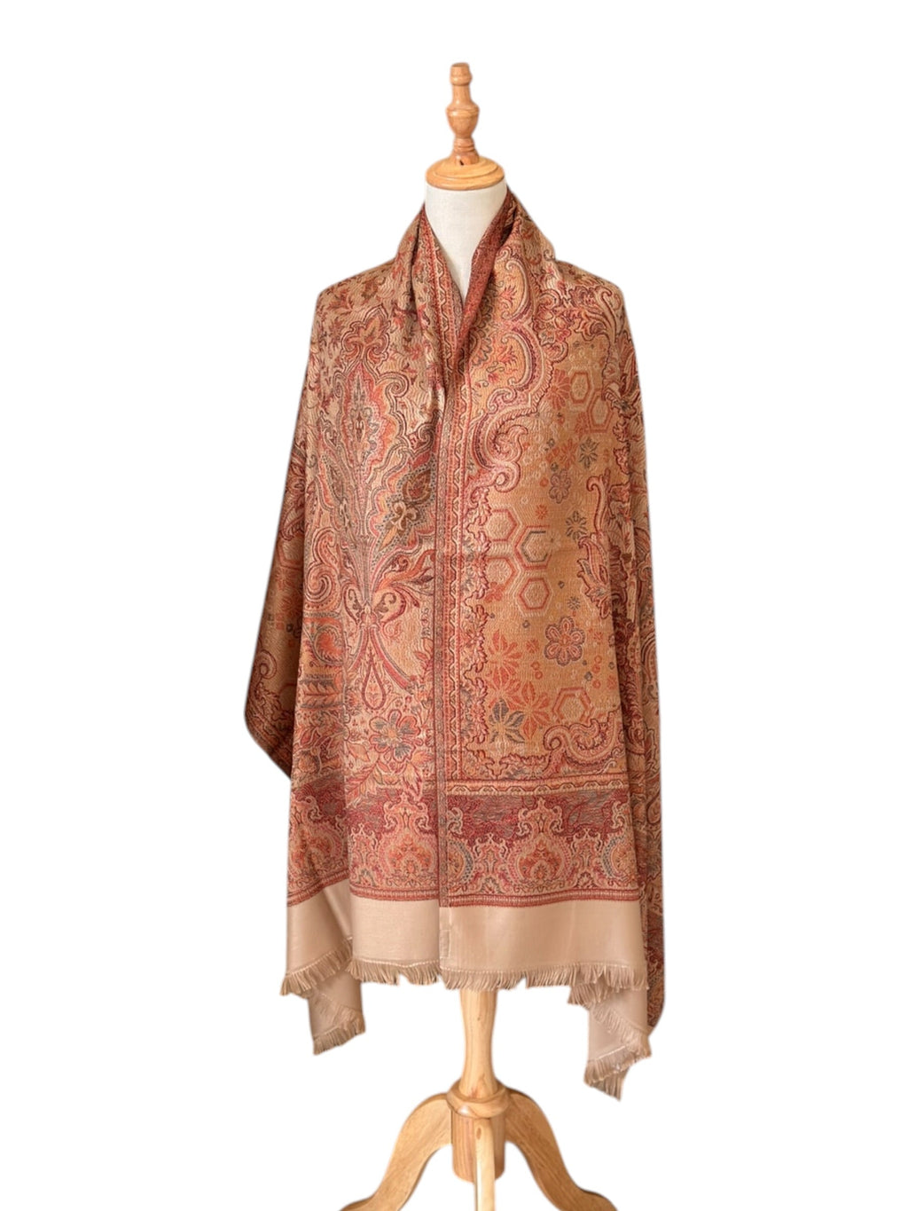 Noori Couture desert brown pashmina shawl with intricate Indo-Persian jacquard patterns and soft fringe trim.