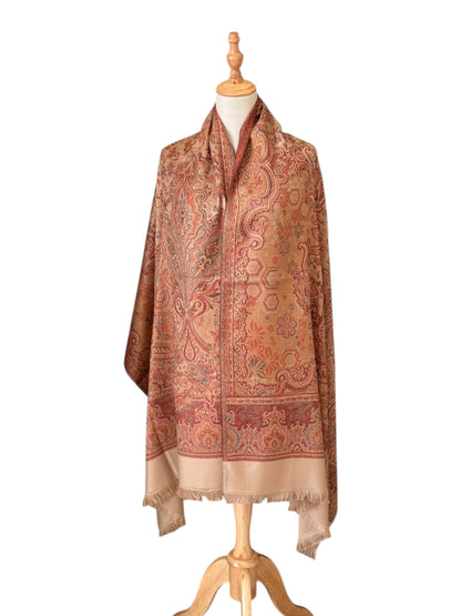 Noori Couture desert brown pashmina shawl with intricate Indo-Persian jacquard patterns and soft fringe trim.