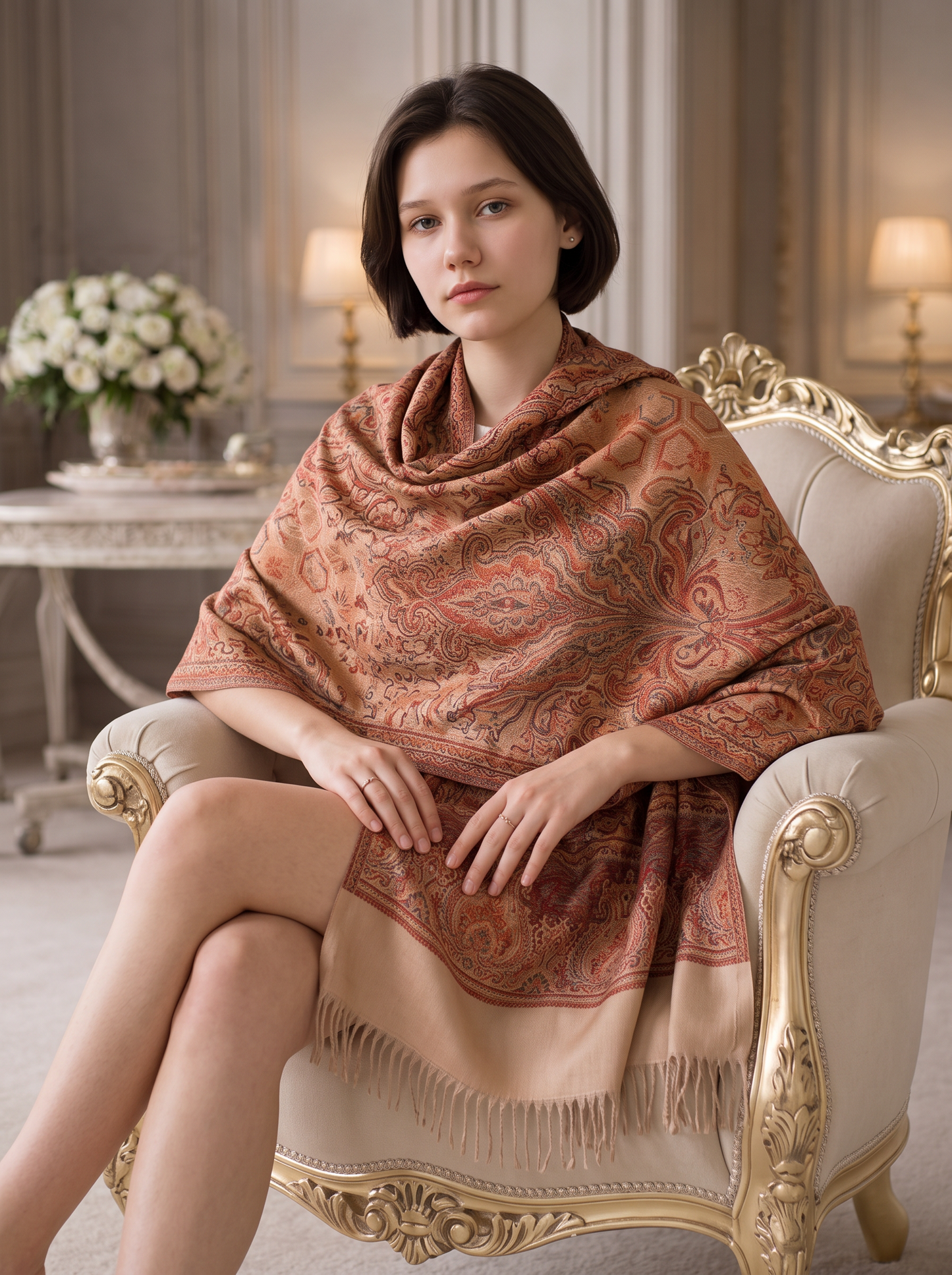Woman wearing a Noori Couture desert brown patterned pashmina cotton wool shawl with intricate jacquard weaving.