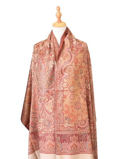 Noori Couture desert brown pashmina shawl with intricate Indo-Persian jacquard patterns on soft cotton wool blend.