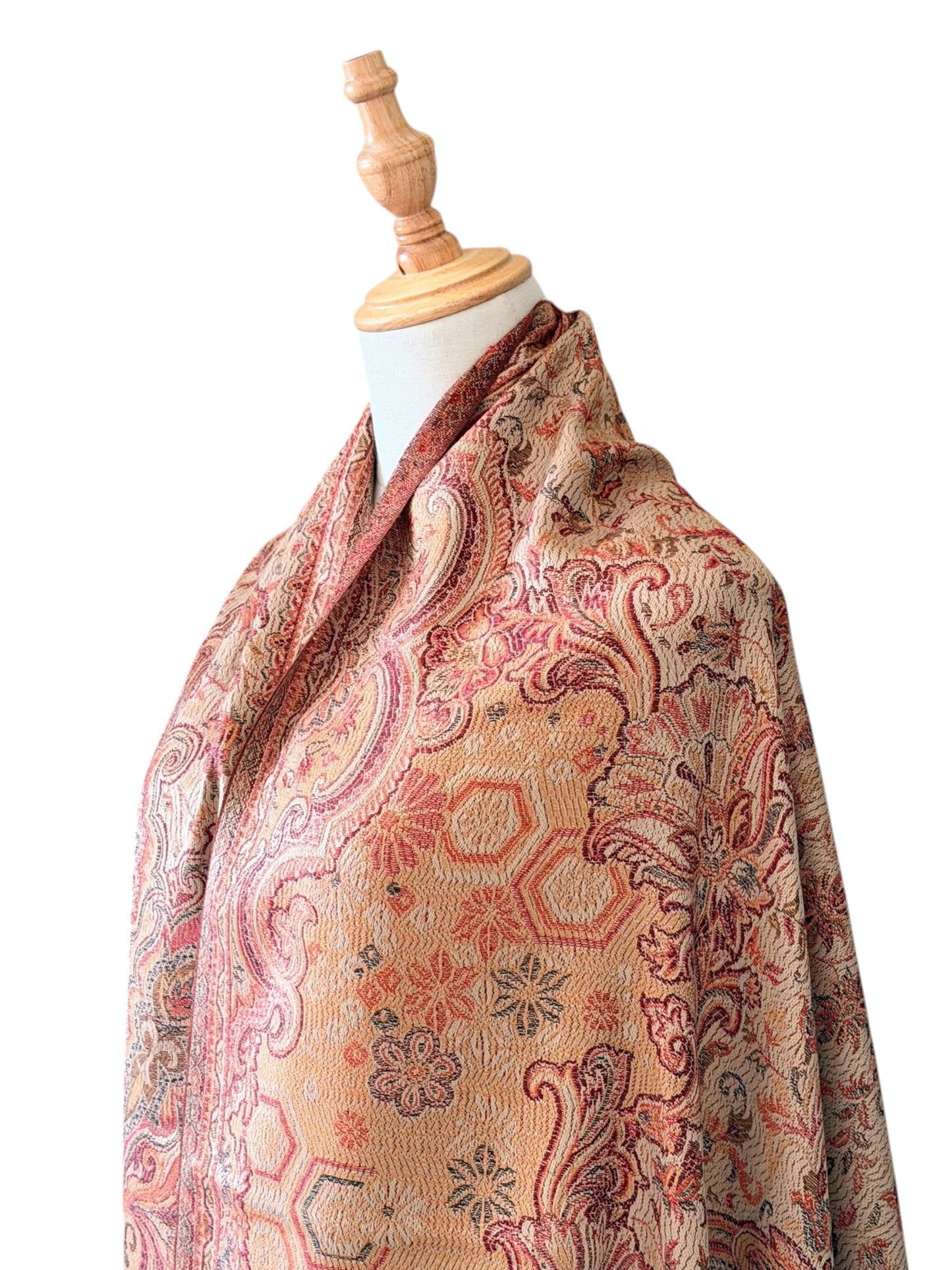 Noori Couture desert brown pashmina shawl with intricate Indo-Persian jacquard patterns on a mannequin
