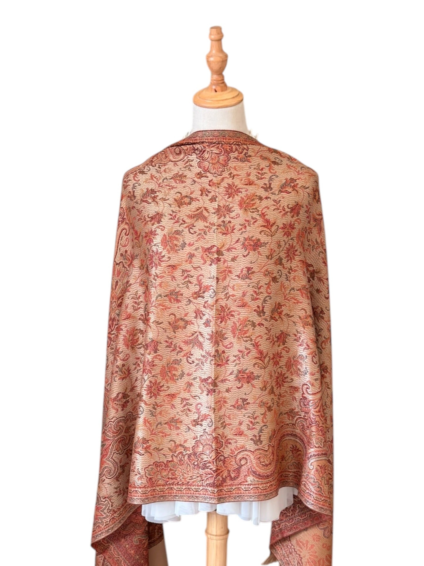 Noori Couture desert brown handwoven pashmina cotton wool shawl with intricate Indo-Persian Jacquard floral patterns.
