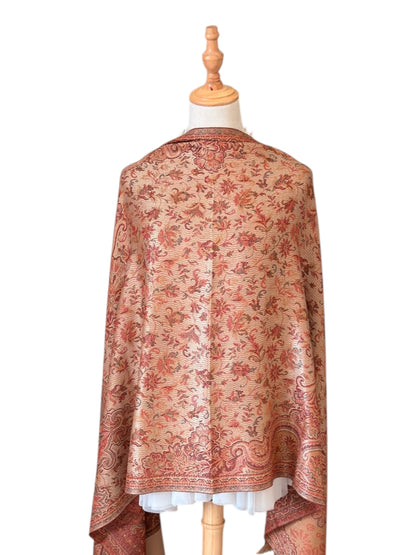 Noori Couture desert brown handwoven pashmina cotton wool shawl with intricate Indo-Persian Jacquard floral patterns.