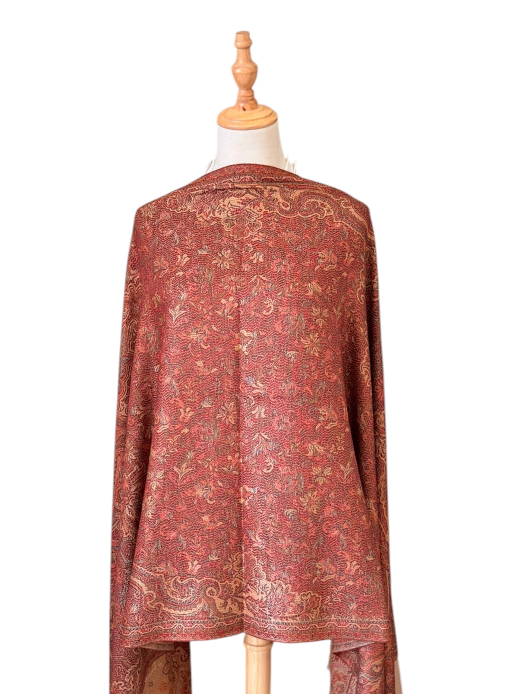 Noori Couture desert brown handwoven pashmina cotton wool shawl with intricate Indo-Persian jacquard floral pattern.