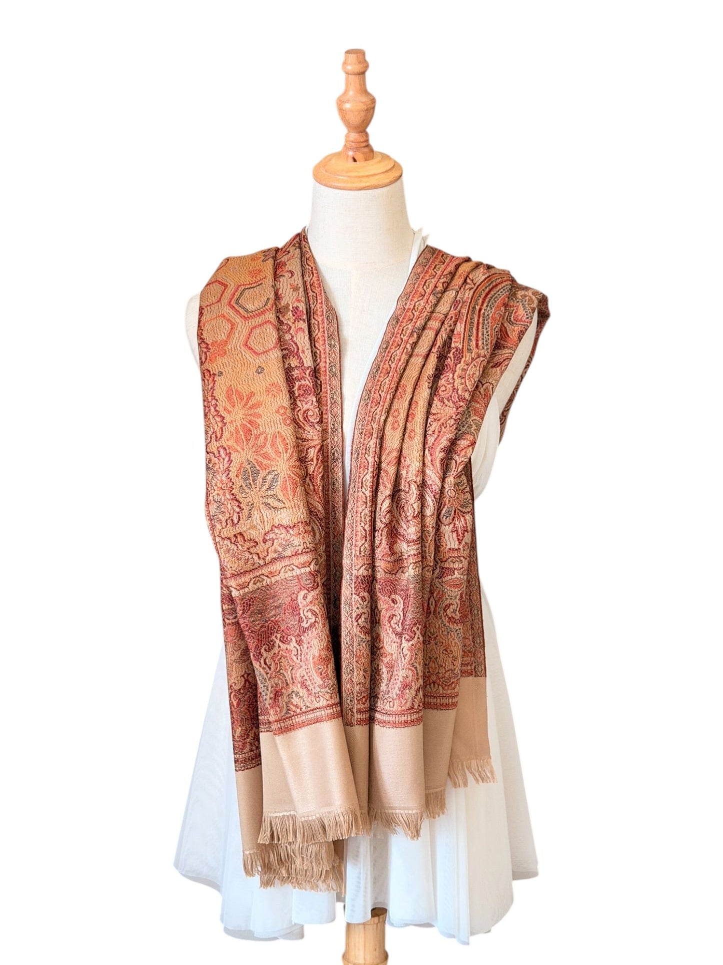 Noori Couture desert brown pashmina shawl with intricate Indo-Persian jacquard patterns on a mannequin