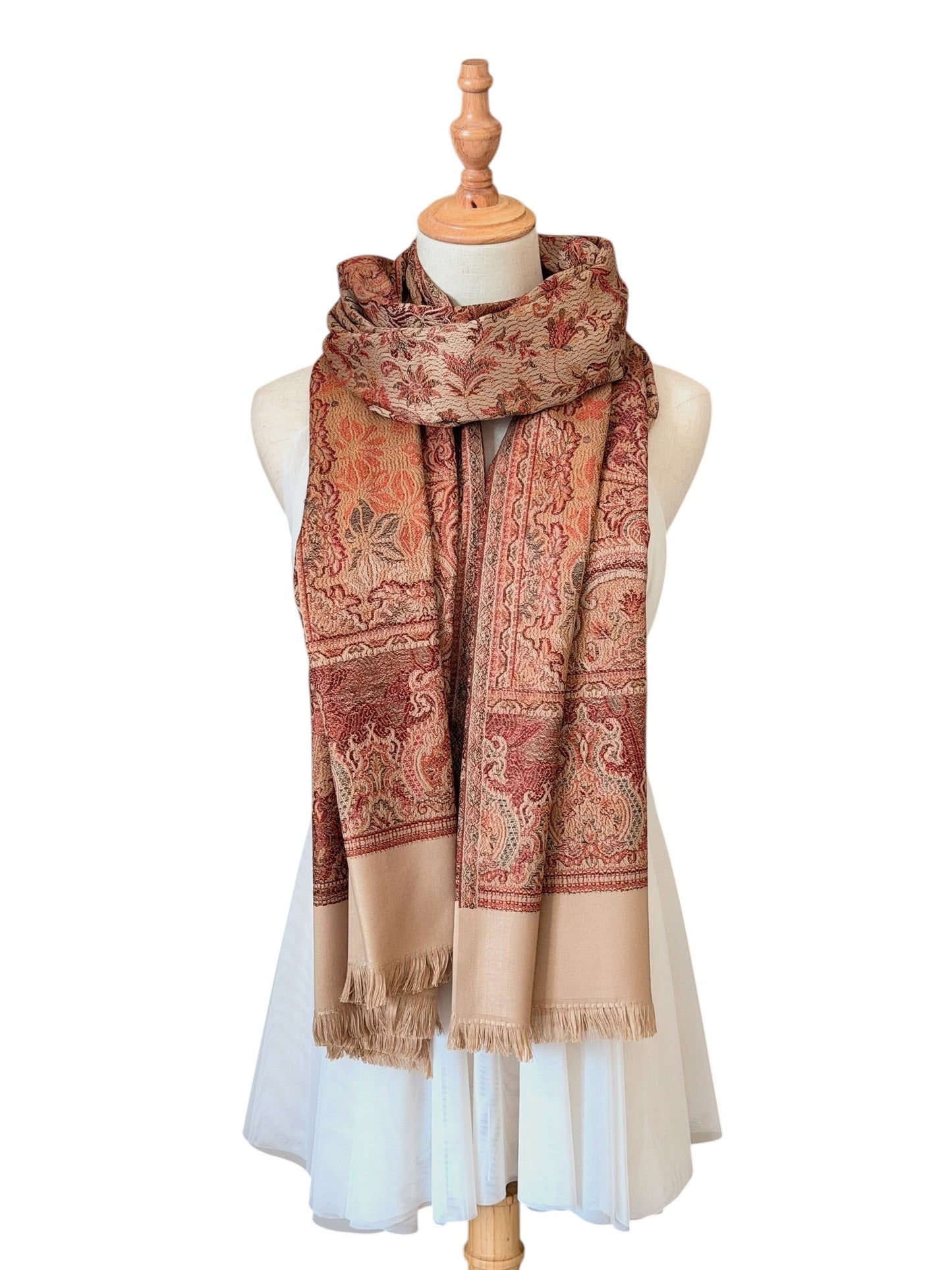 Noori Couture desert brown pashmina shawl with intricate Indo-Persian Jacquard floral patterns and fringed edges.
