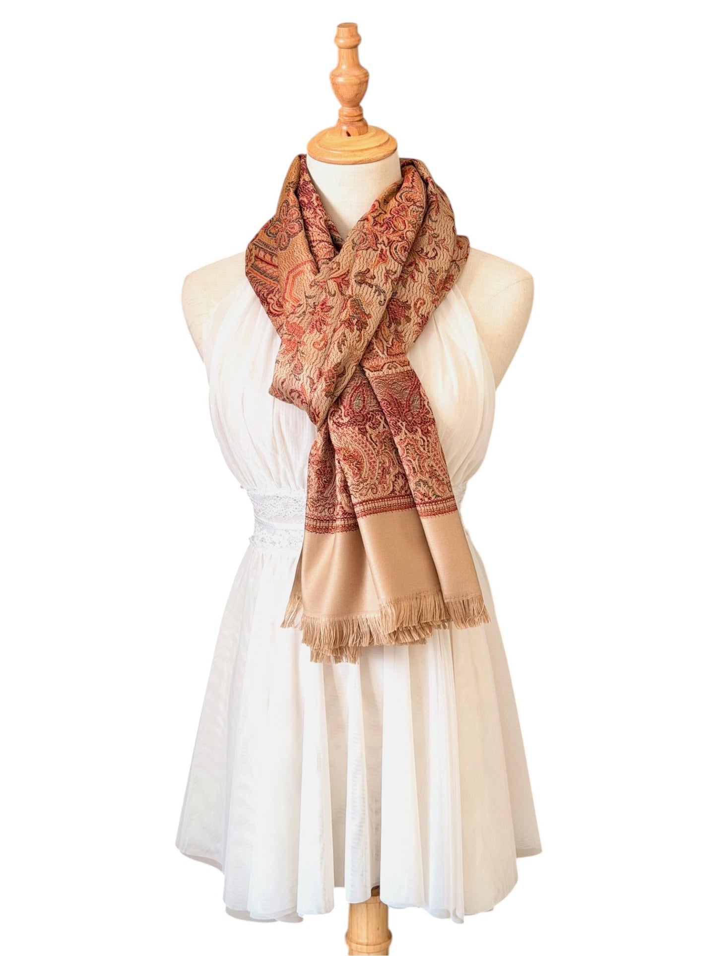 Noori Couture desert brown pashmina shawl with intricate Indo-Persian jacquard patterns and soft fringe trim.