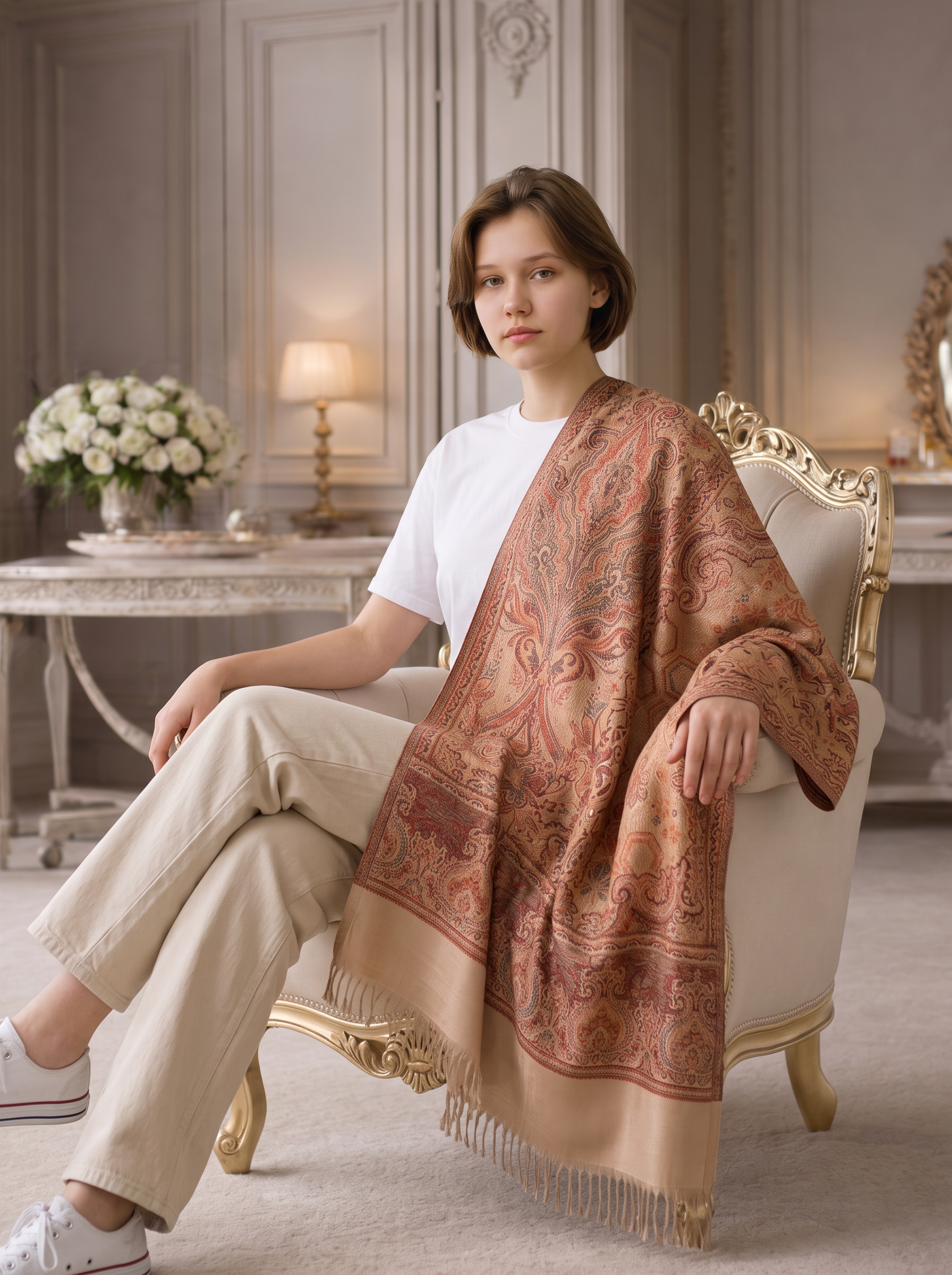 Woman sitting in a chair wearing a Noori Couture desert brown patterned pashmina cotton wool shawl with fringe.