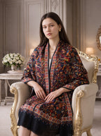 Noori Couture shawl with intricate multi-coloured digital Kani print on a luxurious modal bamboo silk blend