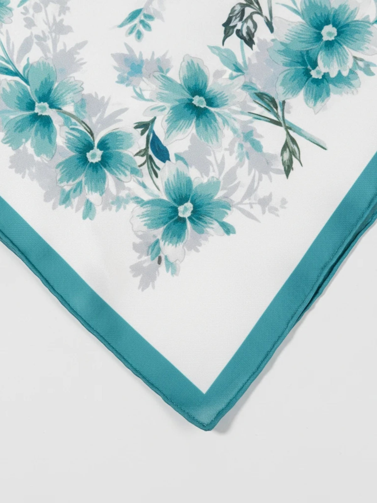Noori Couture square silk scarf with teal and green floral print, butterfly motifs, and a deep teal border.