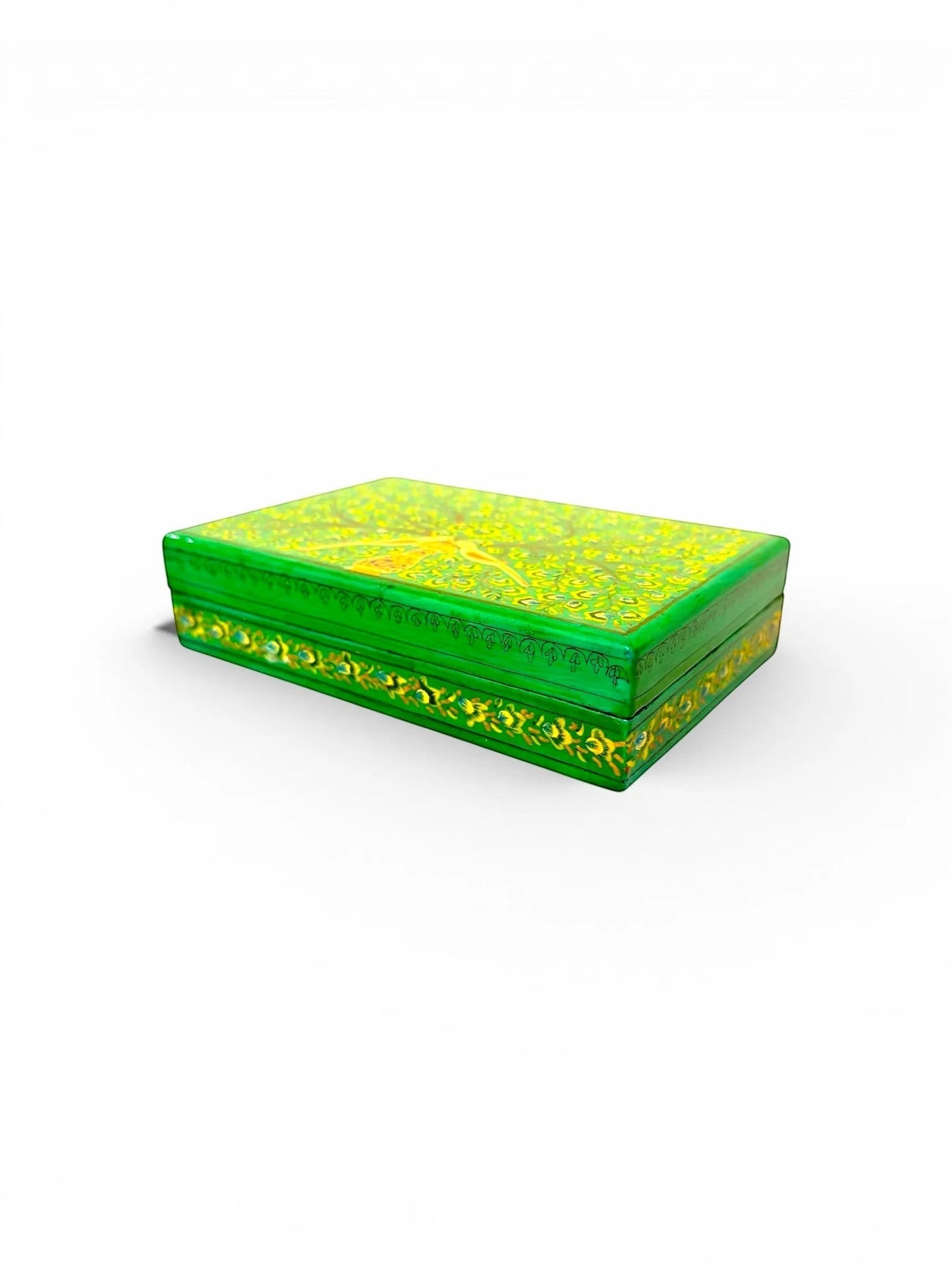 Noori Couture hand-painted green papier-mâché box with intricate gold detailing and a bird motif.
