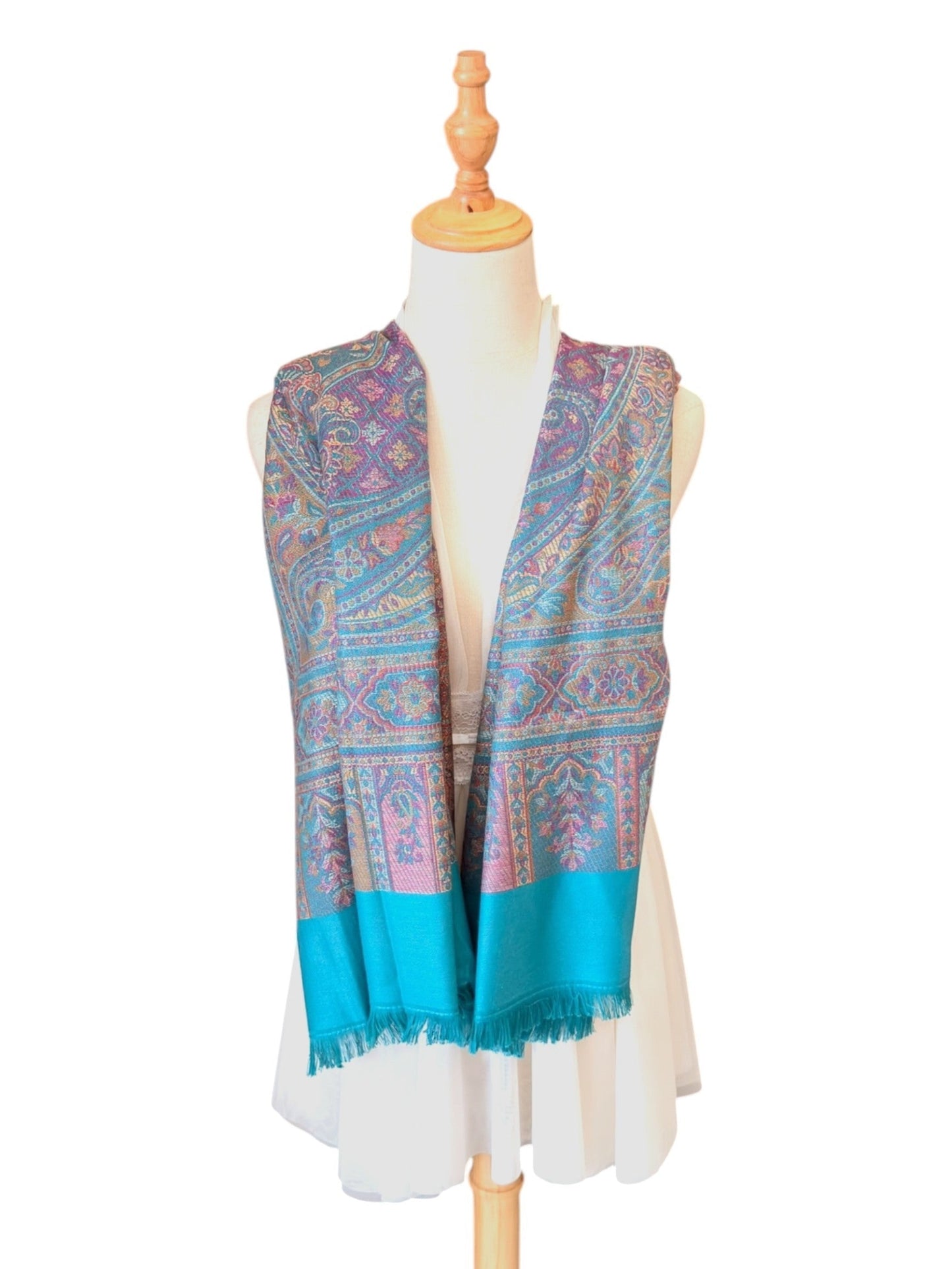 Noori Couture seaweed green pashmina shawl with intricate paisley patterns, teal borders, and delicate fringe detailing.