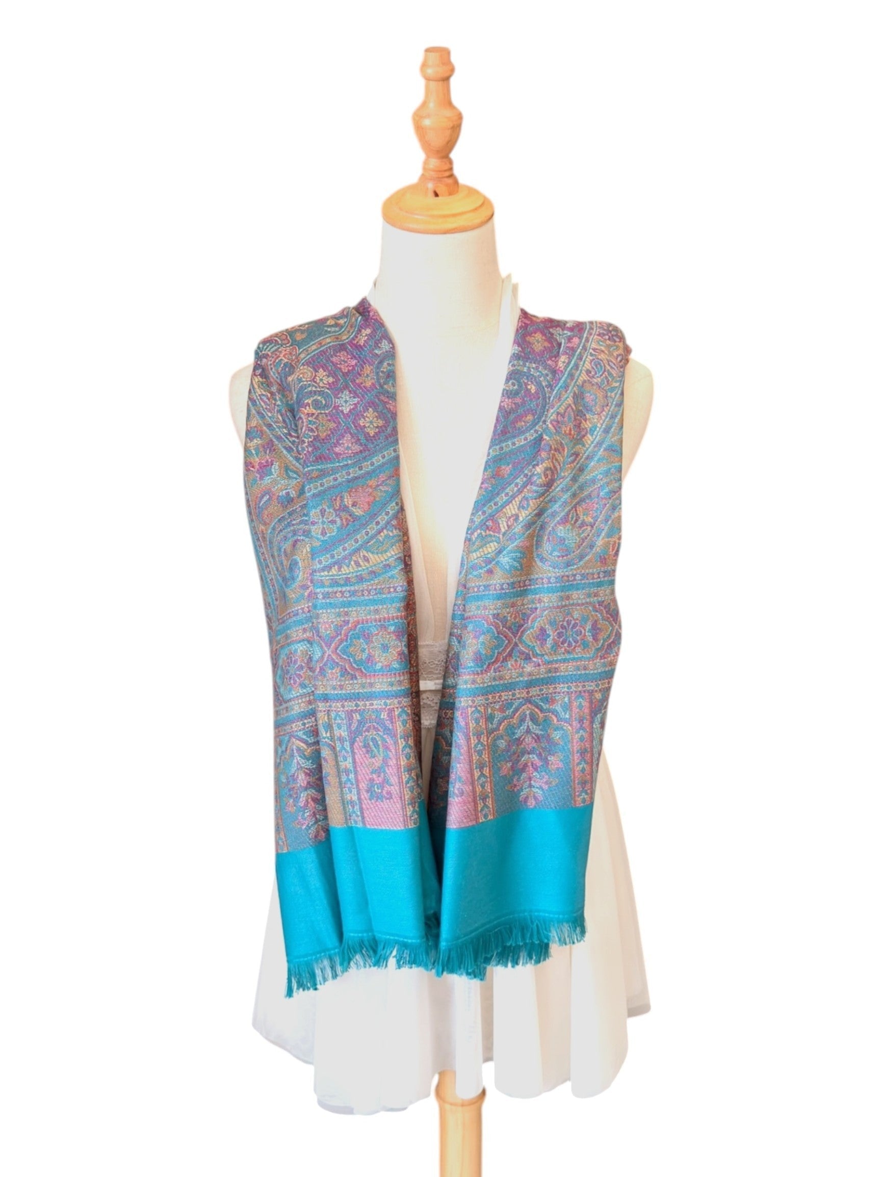 Noori Couture seaweed green pashmina shawl with intricate paisley patterns, teal borders, and delicate fringe detailing.