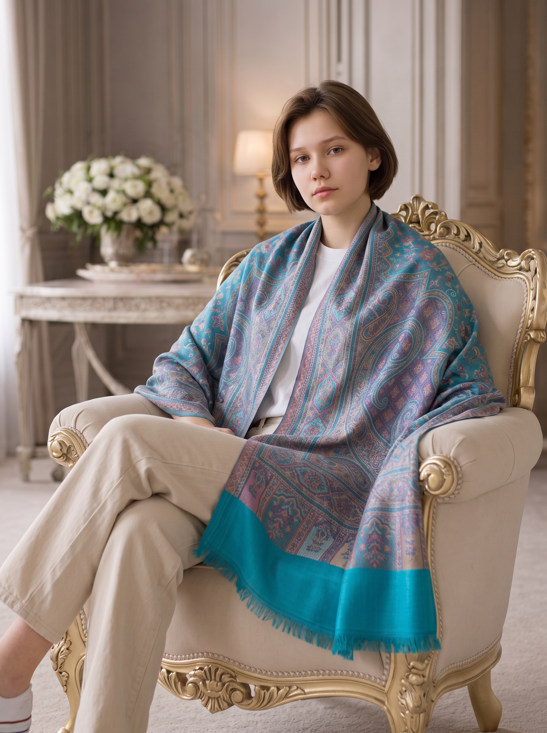 Noori Couture seaweed green pashmina shawl with intricate paisley patterns and fringe, worn by a woman in a chair.