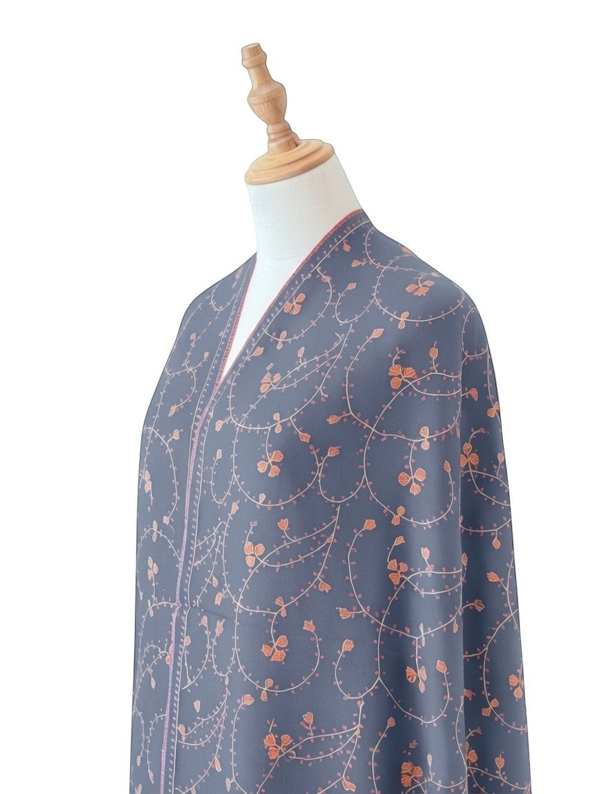 Noori Couture grey handwoven shawl with intricate Sozni Jali embroidery and delicate floral vine pattern.