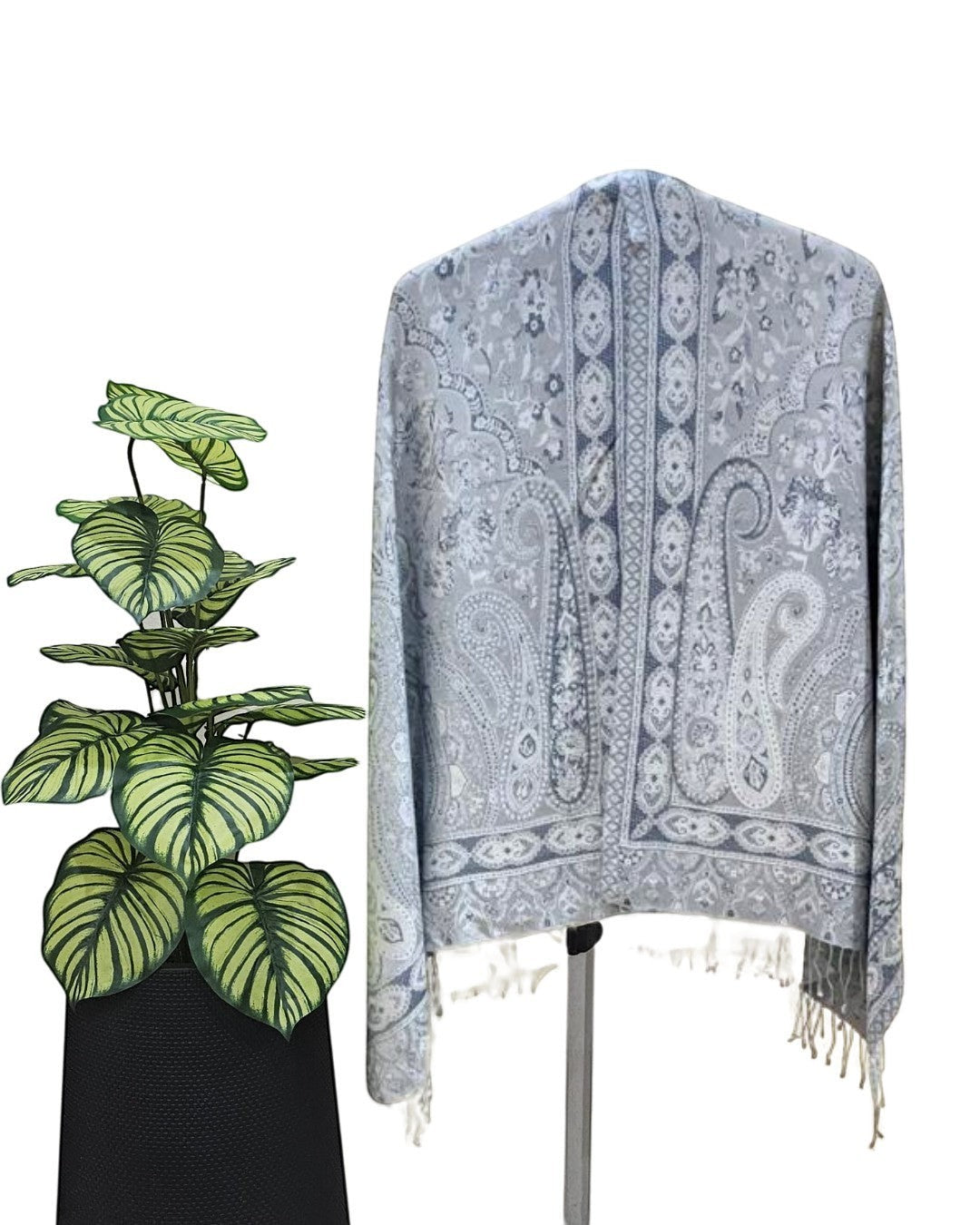 Noori Couture grey and white paisley print pure silk shawl with fringe detail.