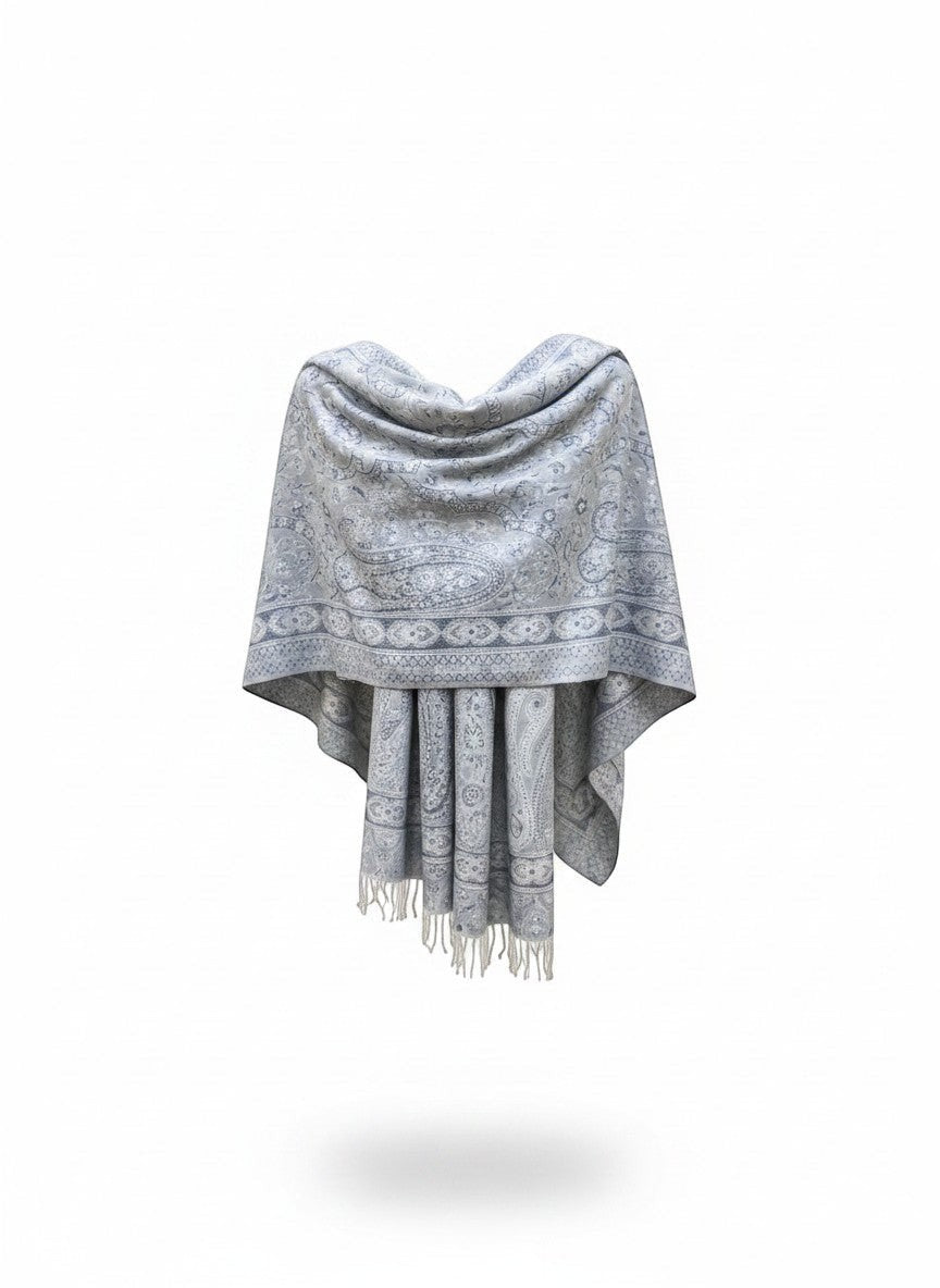 Noori Couture light grey pure silk shawl with intricate paisley pattern and fringed hem.