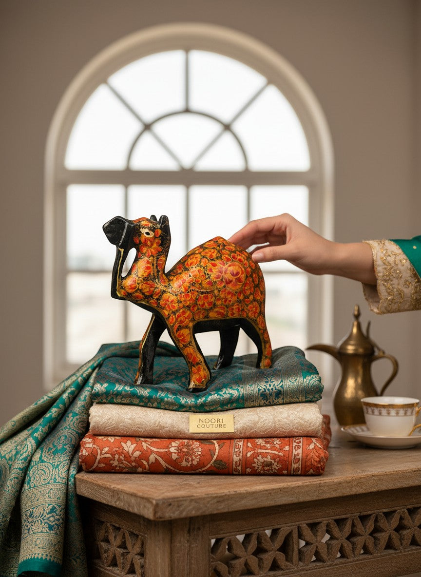 Noori Couture hand-painted papier mâché camel figurine with intricate gold floral detailing, set on stacked decorative fabrics.
