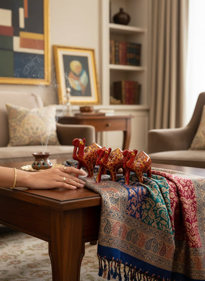 Noori Couture hand-painted red papier-mâché camel figurines with intricate gold floral detailing, displayed on a patterned textile.