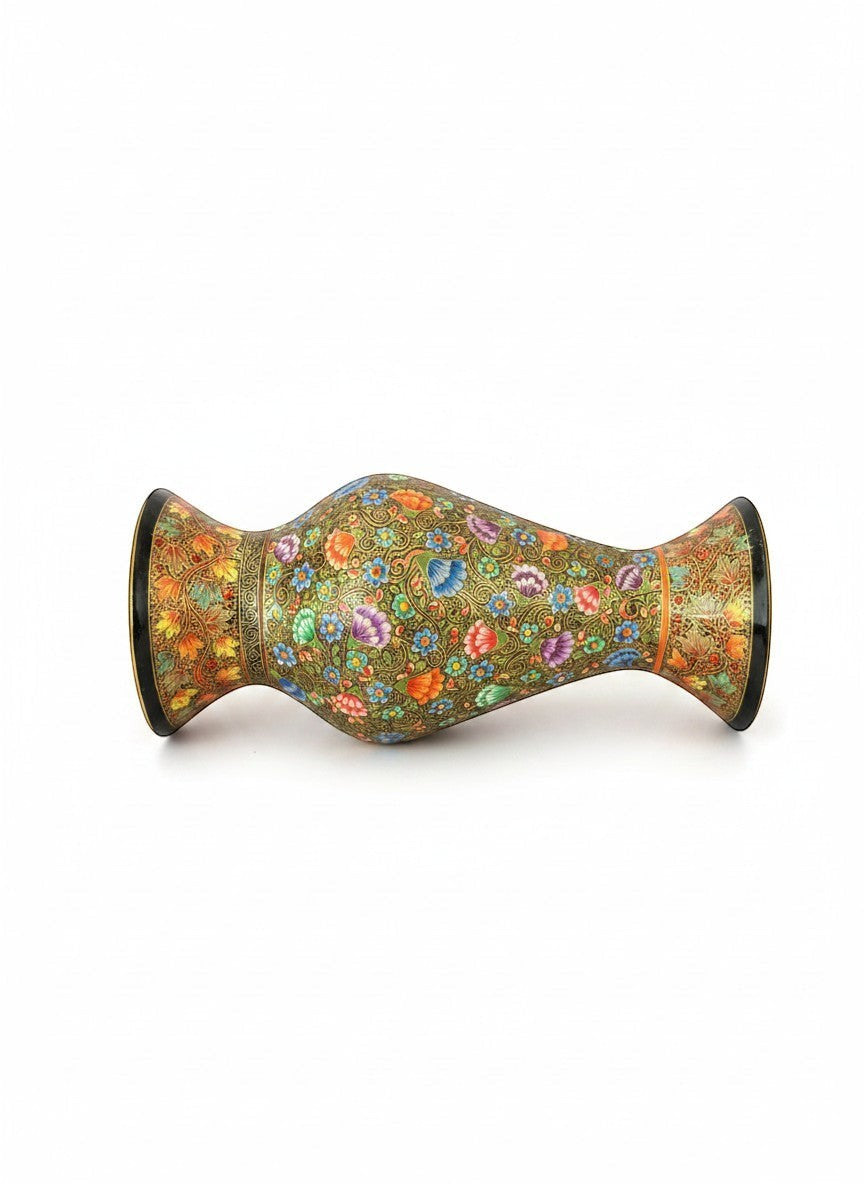 Noori Couture hand-painted collectable vase in earthy green with vibrant floral and golden patterns. Curved silhouette.