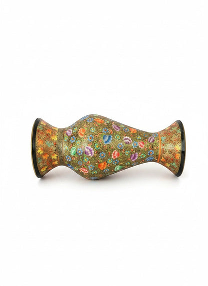 Noori Couture hand-painted collectable vase in earthy green with vibrant floral and golden patterns. Curved silhouette.