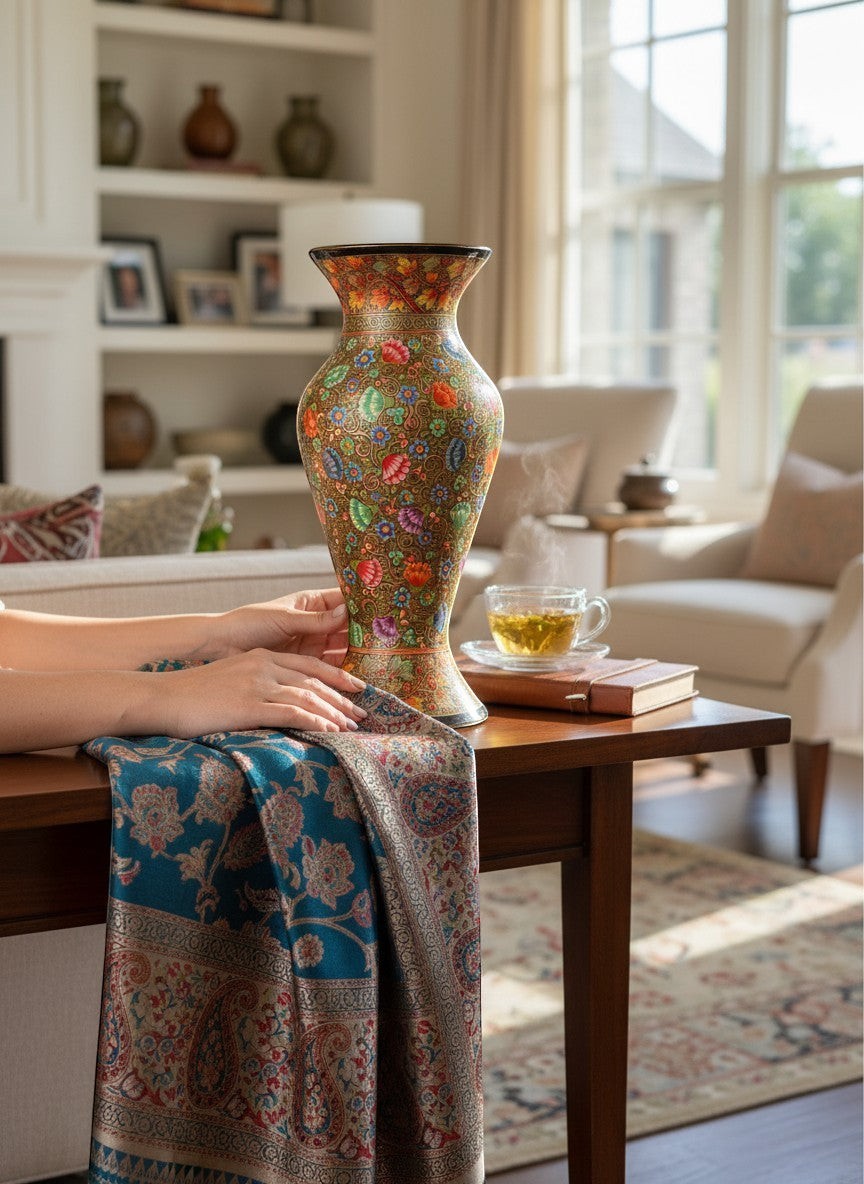 Noori Couture hand-painted floral decorative vase in earthy green with vibrant colorful motifs and gold patterns. Elegant curved silhouette.