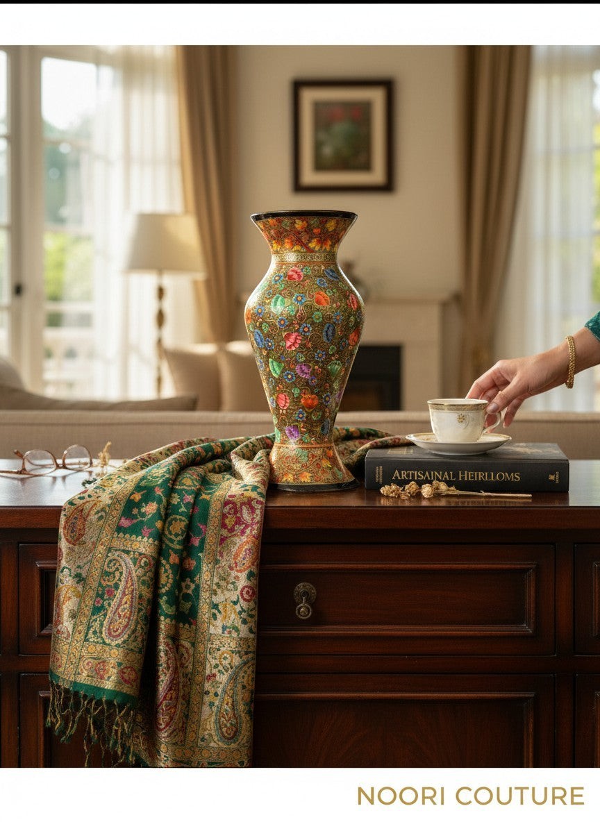 Noori Couture hand-painted green vase with colorful floral and golden patterns. Curved silhouette, decorative accent.