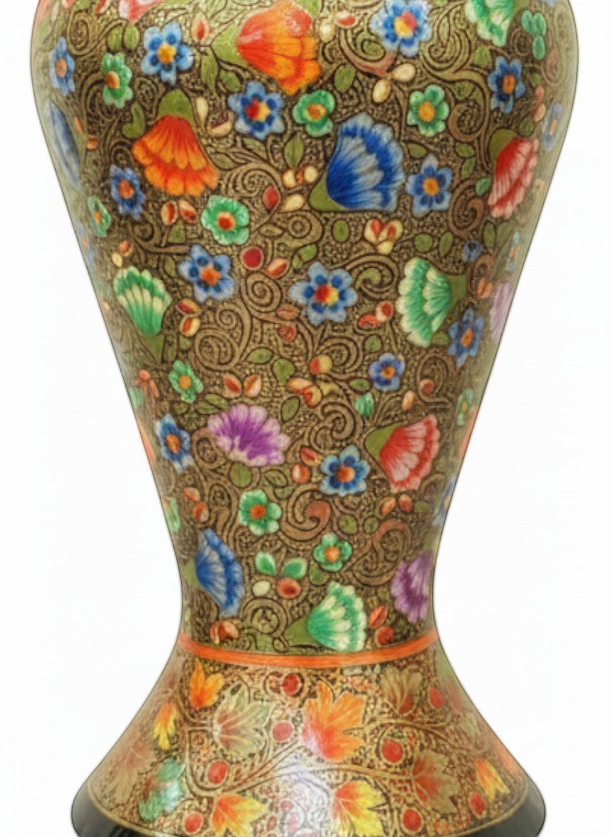 Noori Couture hand-painted decorative vase with a green base, featuring colorful floral motifs and golden patterns. Curved silhouette.
