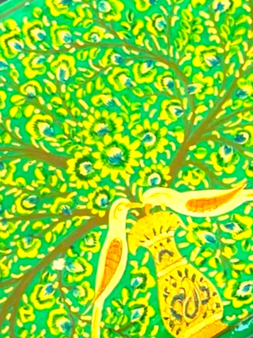 Noori Couture hand-painted green papier-mâché box with intricate gold tree and bird design.