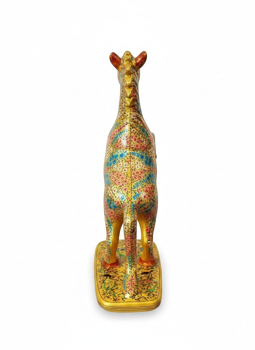 Noori Couture hand-painted paper mâché horse figurine with intricate floral design in pink, blue, and gold.