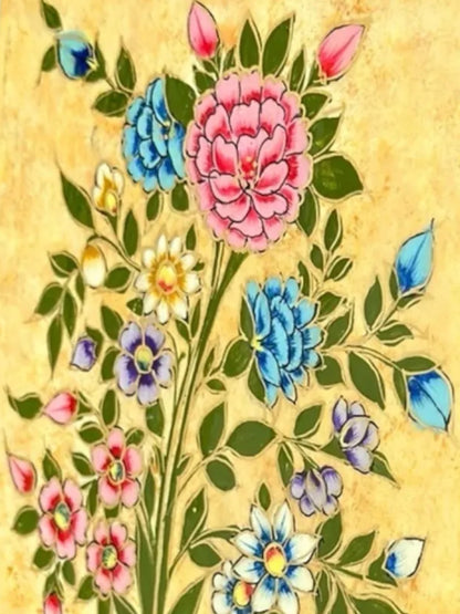 Noori Couture hand-painted papier-mâché jewellery box with floral and bird motifs on a yellow background.