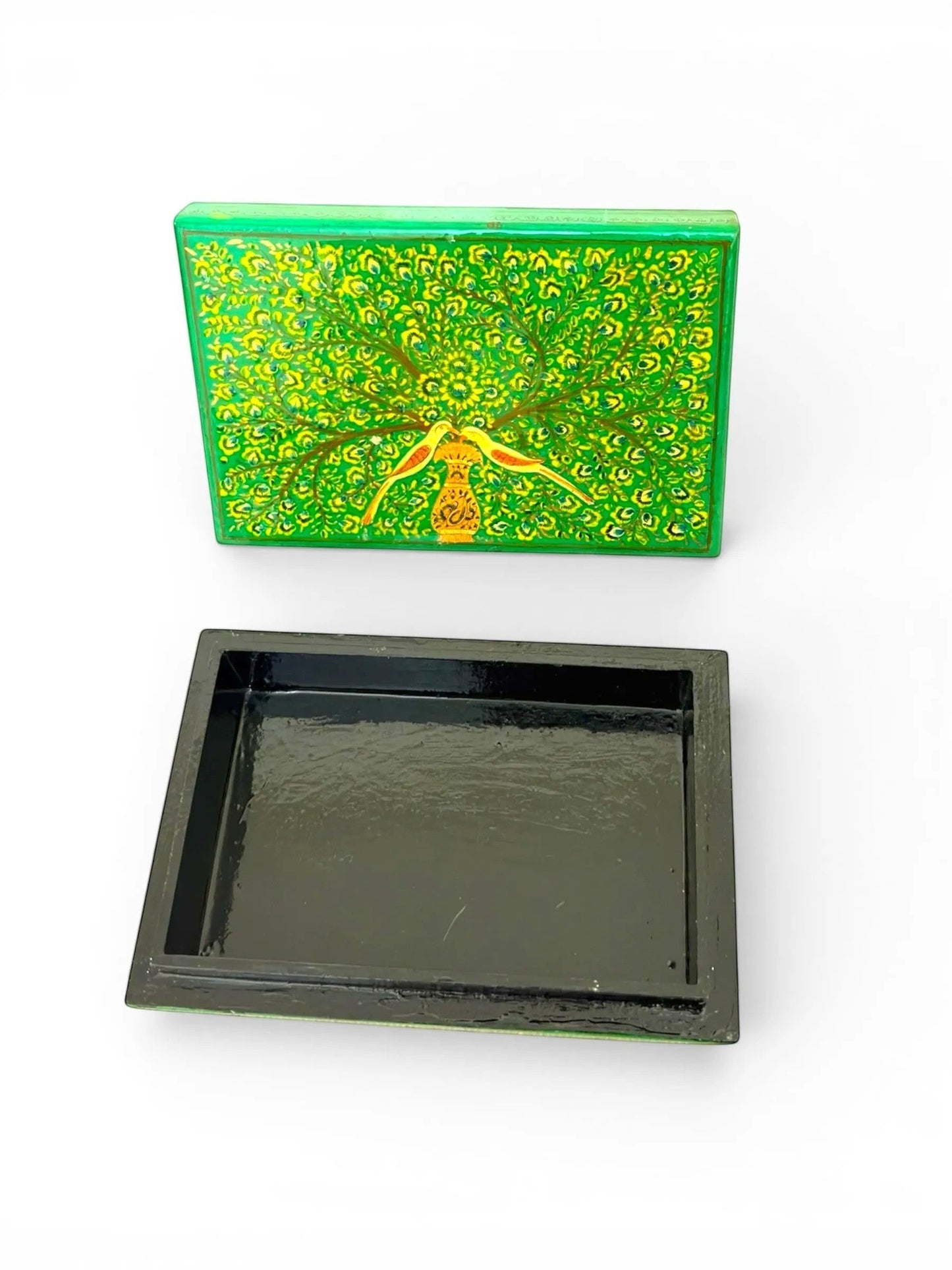 Noori Couture hand-painted green jewellery box with yellow blossoms and birds on a tree motif. Papier mâché and wood construction.