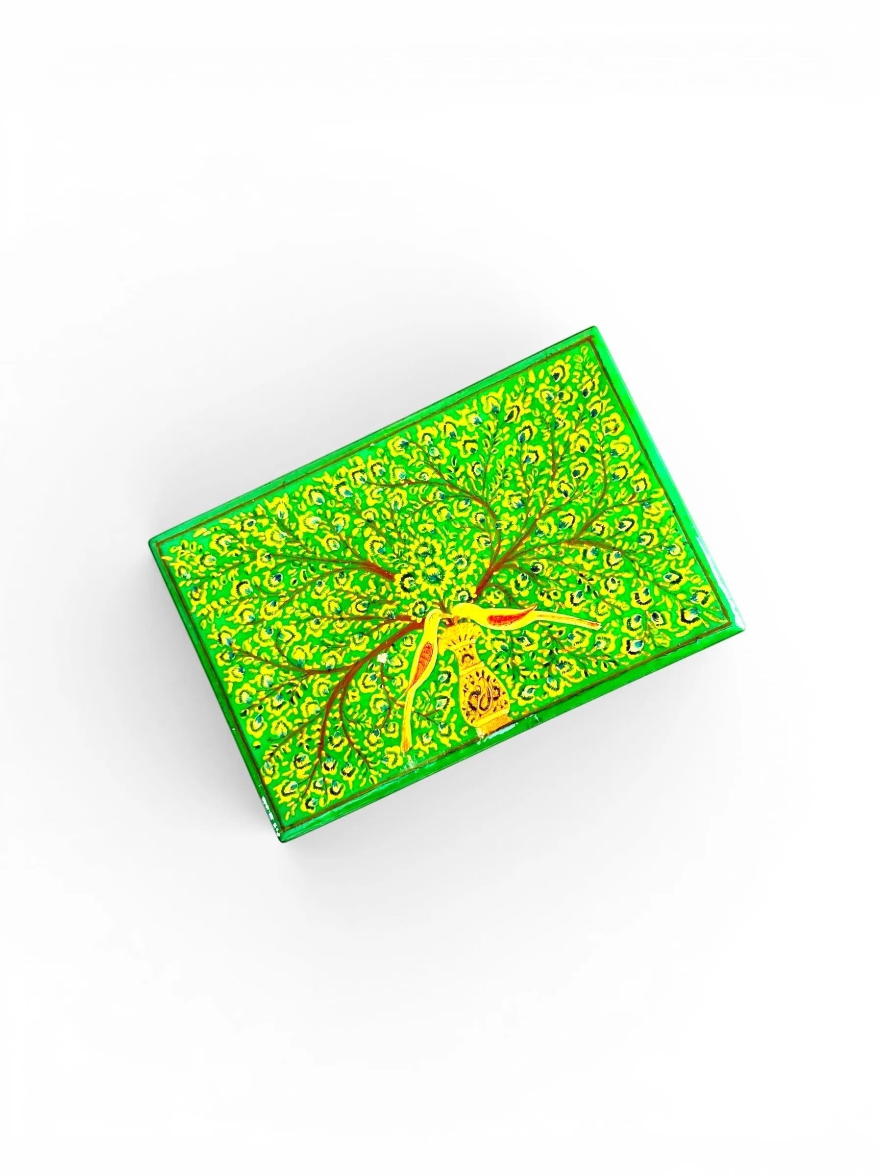 Noori Couture hand-painted green jewellery box with yellow blossoms and birds on a tree motif, made from papier-mâché and wood.