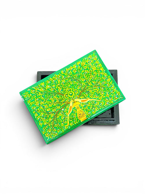 Noori Couture hand-painted green jewellery box with intricate tree and bird motif, made from papier-mâché and wood.