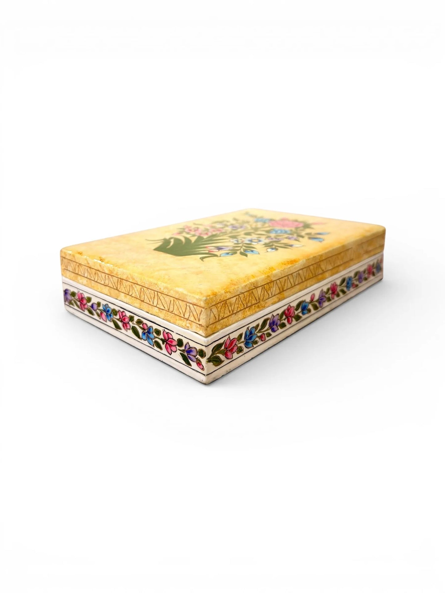 Noori Couture yellow papier-mâché jewellery box with hand-painted floral and bird motifs. Decorative keepsake storage.