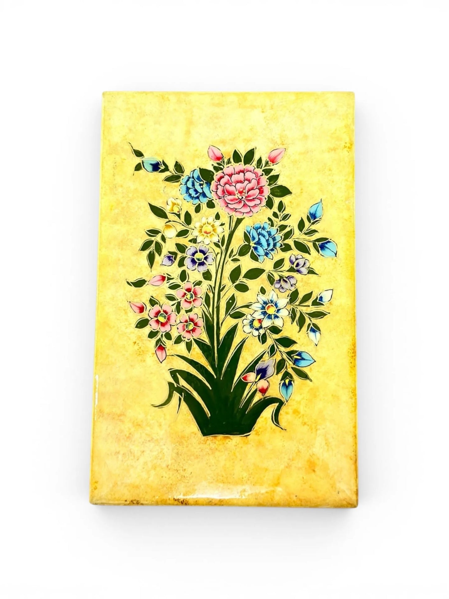 Noori Couture hand-painted yellow papier-mâché jewellery box with colourful floral and bird motif. One-of-a-kind decorative art piece.