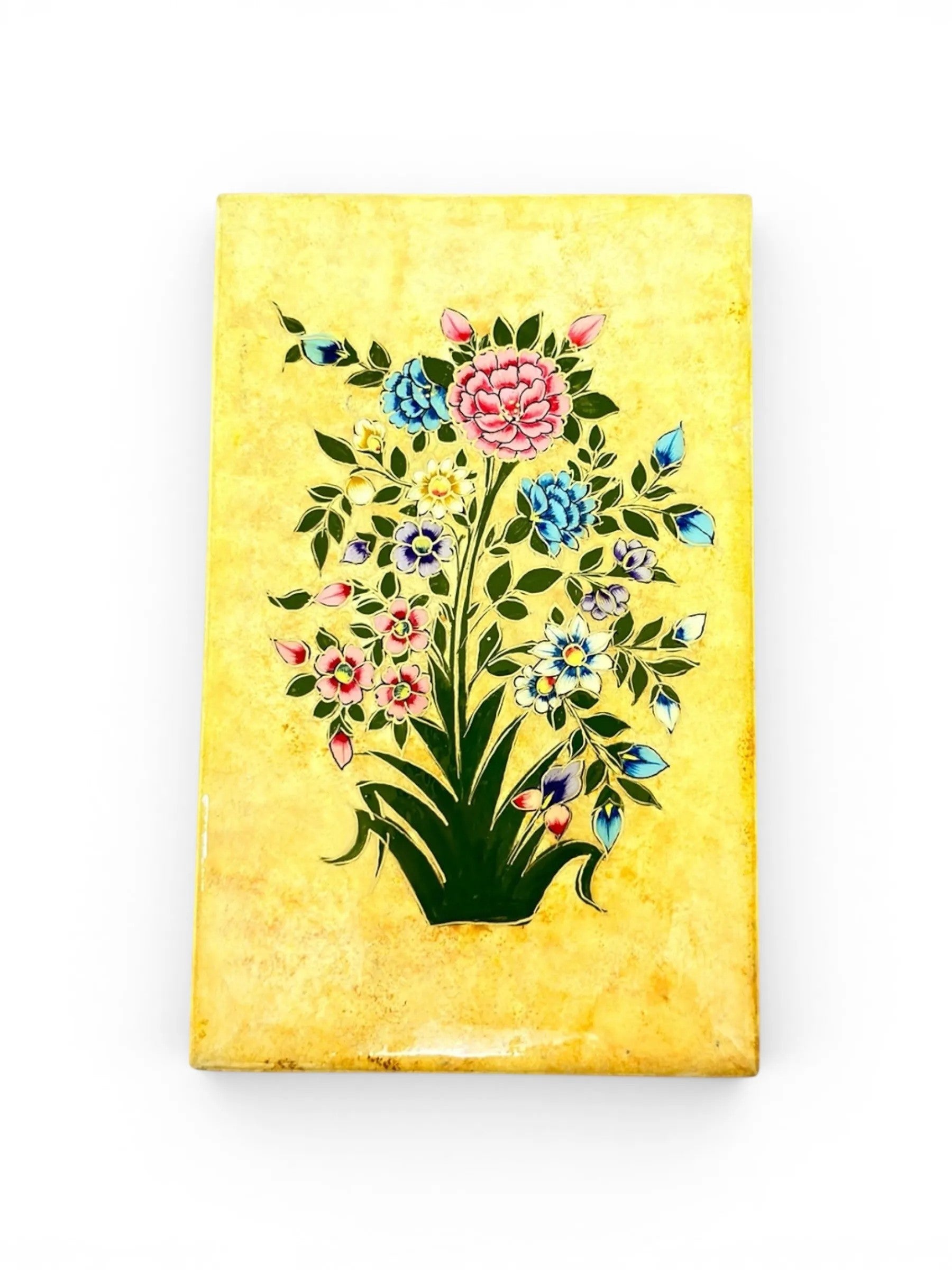 Noori Couture hand-painted yellow papier-mâché jewellery box with colourful floral and bird motif. One-of-a-kind decorative art piece.
