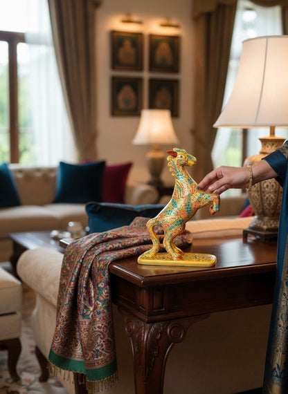 Noori Couture hand-painted paper mache horse figurine with floral design, pink, blue, and gold finish.