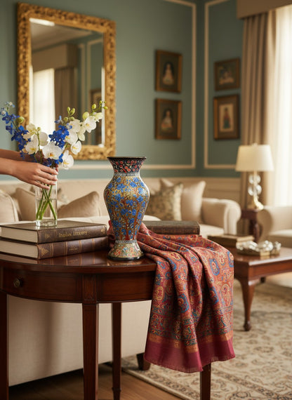 Noori Couture hand-painted paper mâché art vase with blue, red, and gold intricate detailing. Limited edition collectible.